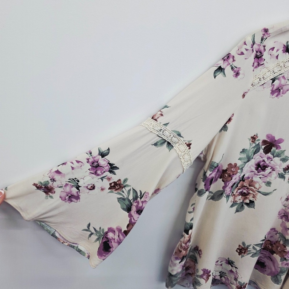Jennie & Marlis Floral Bell Sleeve Blouse Ivory‎ Purple Lace Trim 1X Boho Fairy - Picture 7 of 14